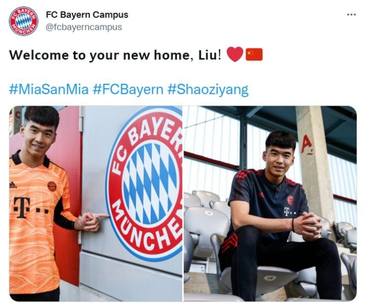 Bayern announcedLiu Shaoziyang’s signing. (Twitter @FCBayernCampus)