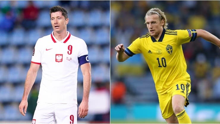 Robert Lewandowski from Poland (left) and Emil Forsberg from Sweden