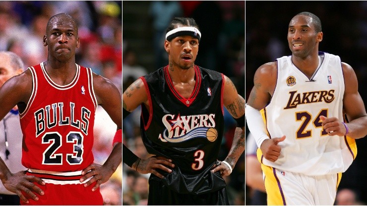 Michael Jordan (left), Allen Iverson (centre), and Kobe Bryant (right). (Getty)