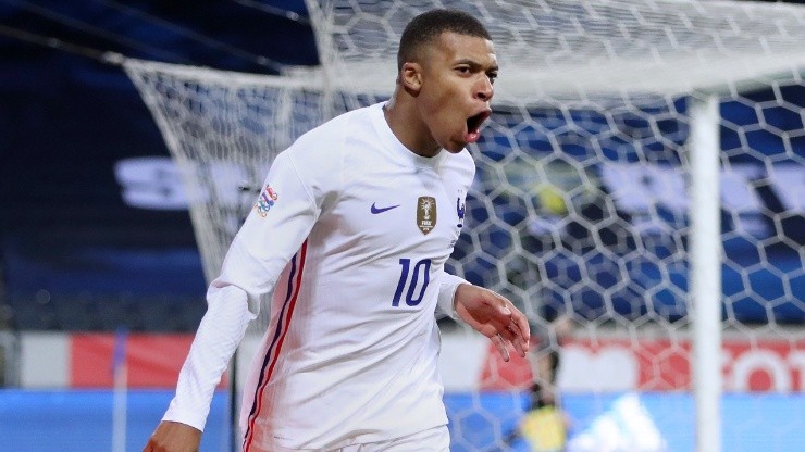 Kylian Mbappe of France celebrates after scoring against France. (Getty)