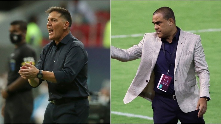 El entrenador paraguayo Eduardo Berizzo (izquierda) y el jefe interino de Venezuela Leo González.  (Getty)