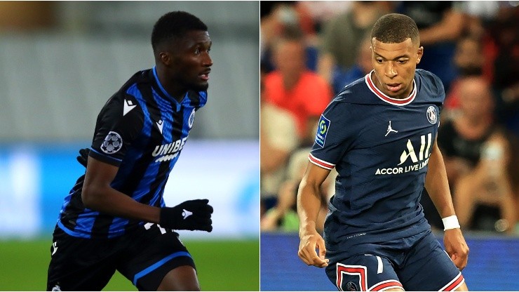 Clinton Mata of Club Brugge (left) and Kylian Mbappé of PSG (Getty).