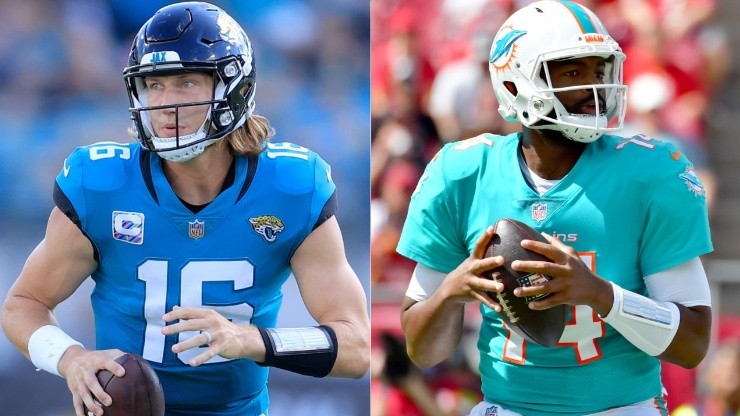 Trevor Lawrence of the Jaguars (left) and Jacoby Brissett of the Miami Dolphins