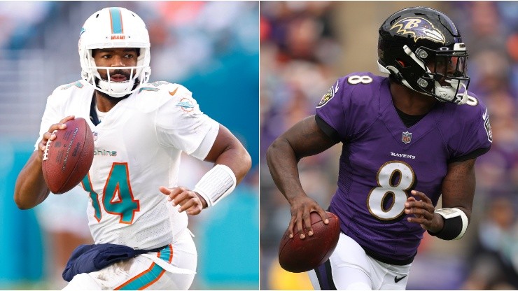 Jacoby Brissett (left) would be behind center for the Dolphins if Tua Tagovailoa isn't ready to return, while Lamar Jackson will start for the Ravens.