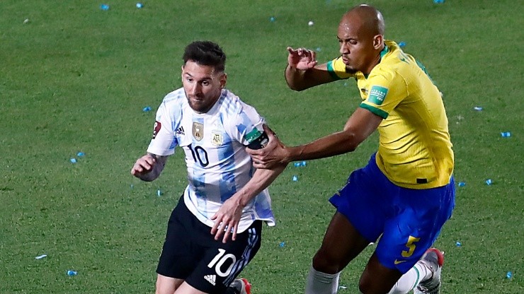 Messi against Fabinho during Argentina's goalless draw with Brazil.