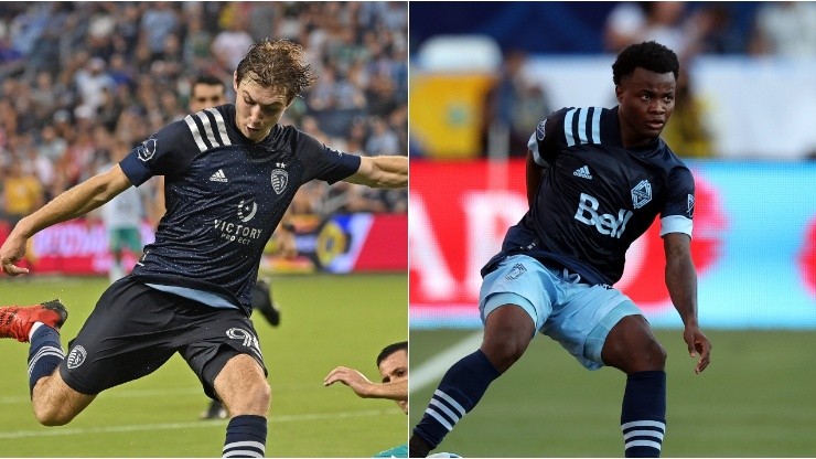 Wilson Harris #96 of Sporting Kansas City (left) and  Javain Brown #23 of Vancouver Whitecaps
