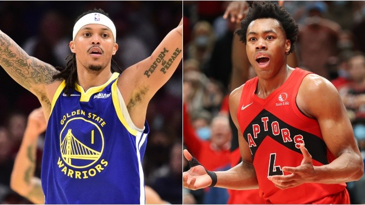 Damion Lee of the Golden State Warriors (left) and Scottie Barnes of the Toronto Raptors (right)
