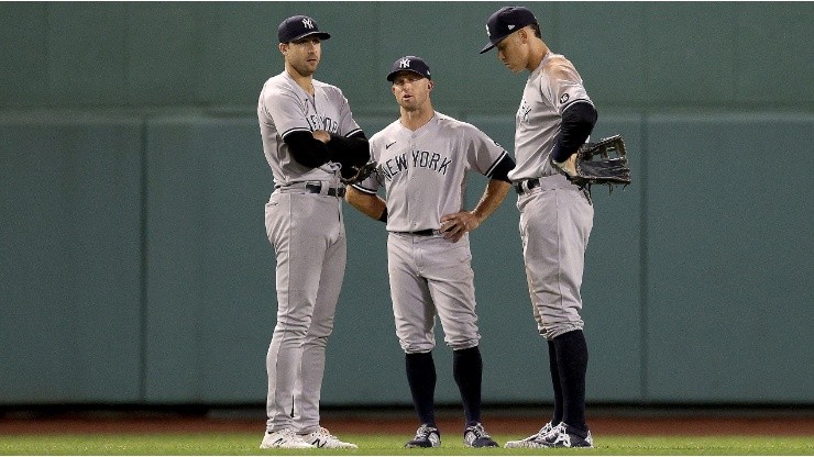Joey Gallo #13, Brett Gardner #11 and Aaron Judge #99 of the New York Yankees