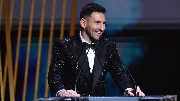 Lionel Messi during the 2021 Ballon d'Or ceremony, where he won the coveted award while Pedri received the Kopa Trophy.