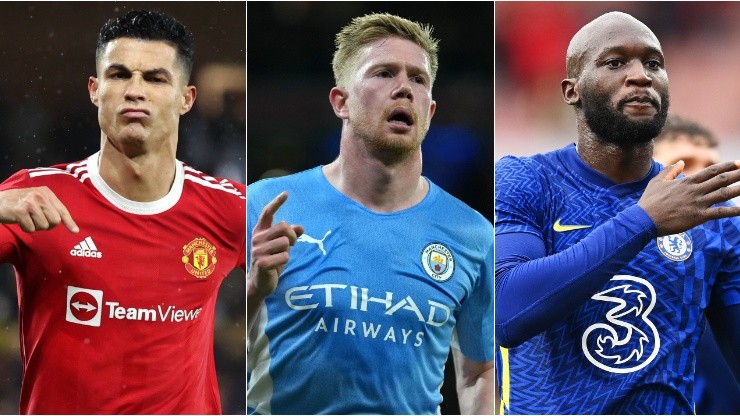 Cristiano Ronaldo of Manchester United (left), Kevin De Bruyne of Manchester City (center), and Romelu Lukaku of Chelsea (right)