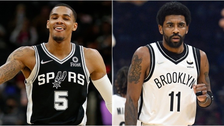 Dejounte Murray of the San Antonio Spurs (left) and Kyrie Irving of the Brooklyn Nets (right)