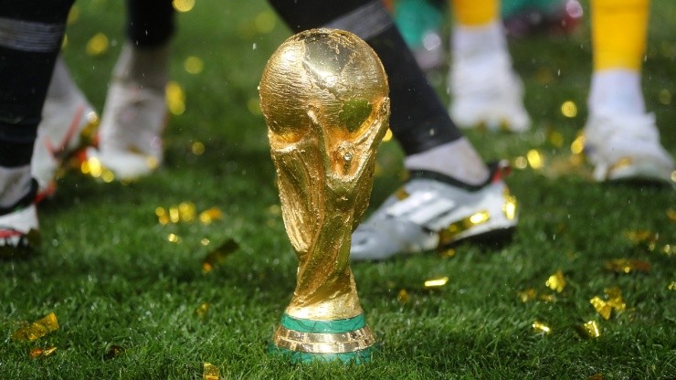 The World Cup trophy is seen on the pitch in 2018