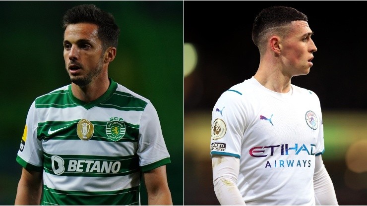 Pablo Sarabia of Sporting CP and Phil Foden of Manchester City