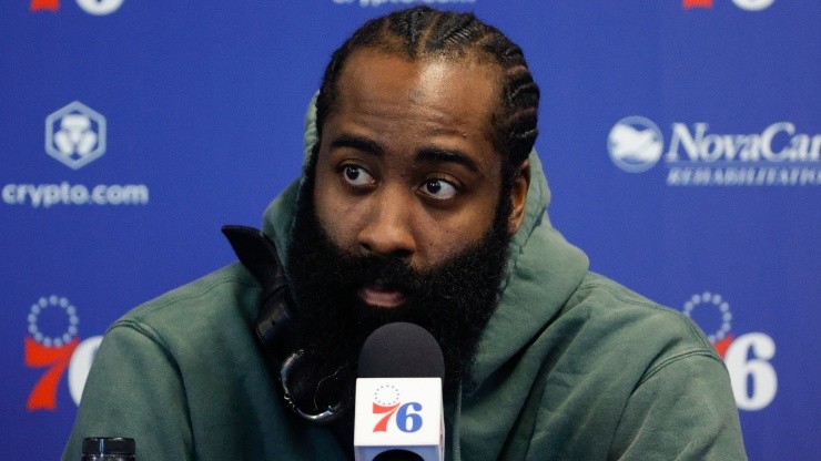 James Harden in his introductory press conference at the Philadelphia 76ers after being traded by the Brooklyn Nets.