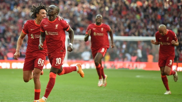 Liverpool players celebrate during their win over Man City in the 2022 FA Cup semifinals.