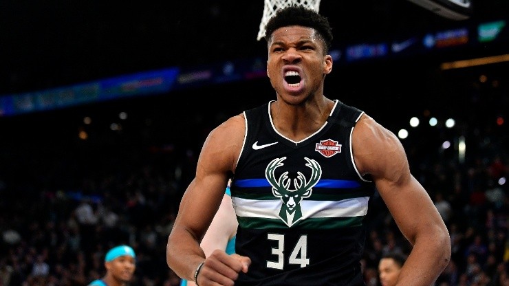 Giannis Antetokounmpo of the Milwaukee Bucks reacts after a dunk during a NBA Game