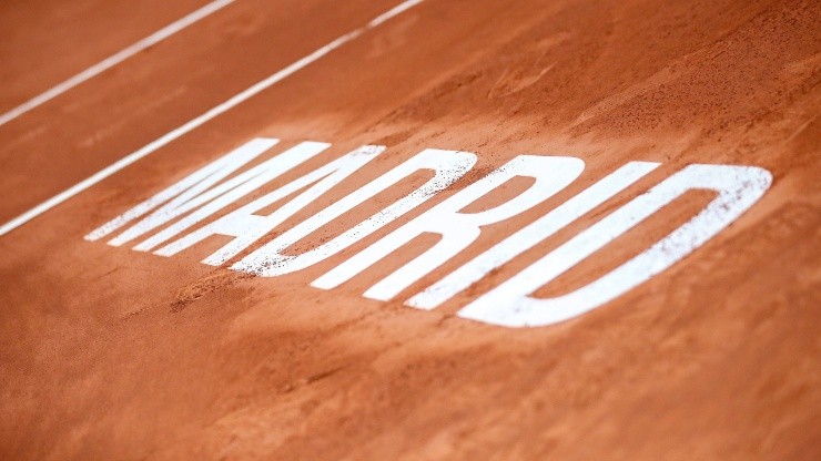 View of Madrid logo on clay of the central court of La Caja Magica