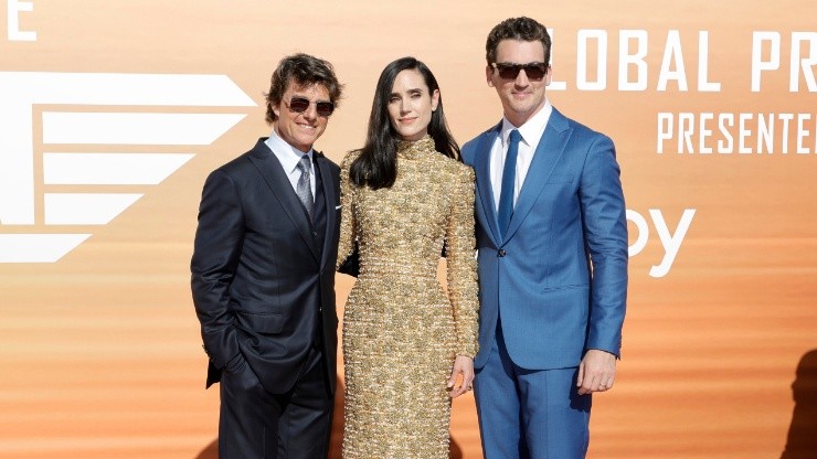 (L-R) Tom Cruise, Jennifer Connelly, and Miles Teller attend the Global Premiere of "Top Gun: Maverick"