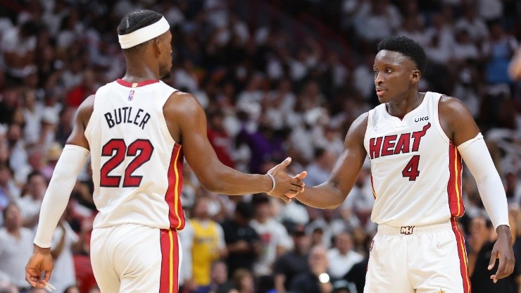 Jimmy Butler (left) and Victor Oladipo of the Heat.