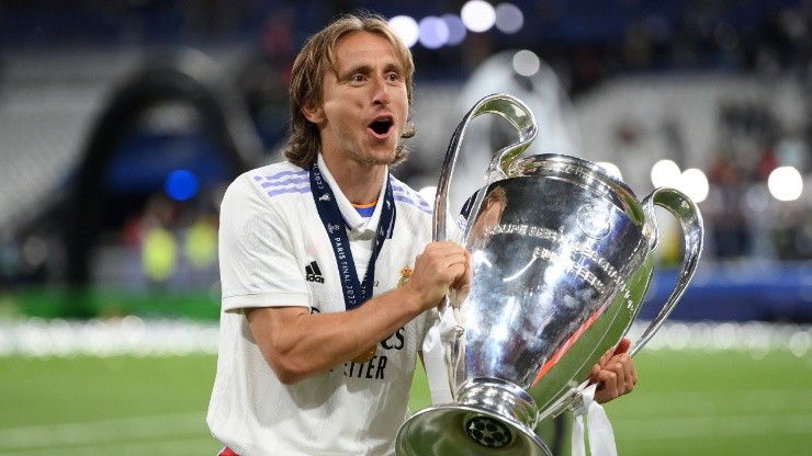 Luka Modric of Real Madrid celebrates with the UEFA Champions League Trophy