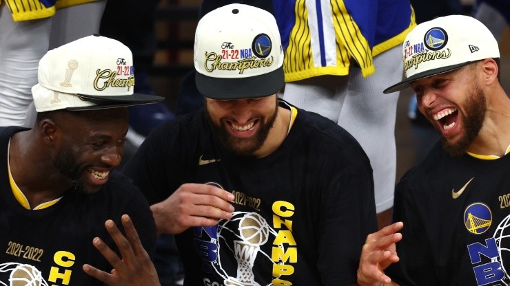Draymond Green, Klay Thompson and Stephen Curry of the Golden State Warriors
