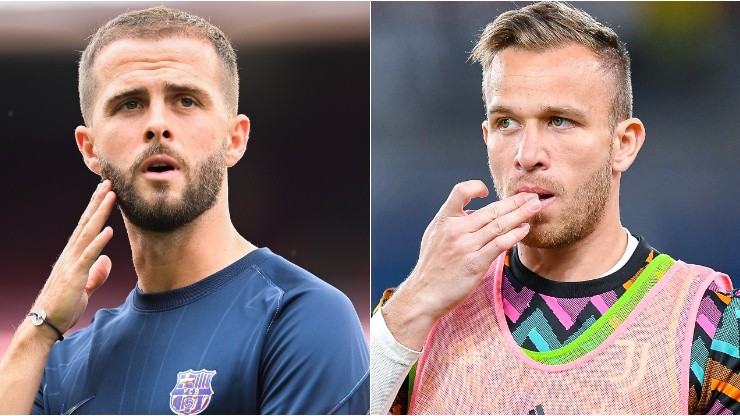Miralem Pjanic of Barcelona and Arthur Melo of Juventus