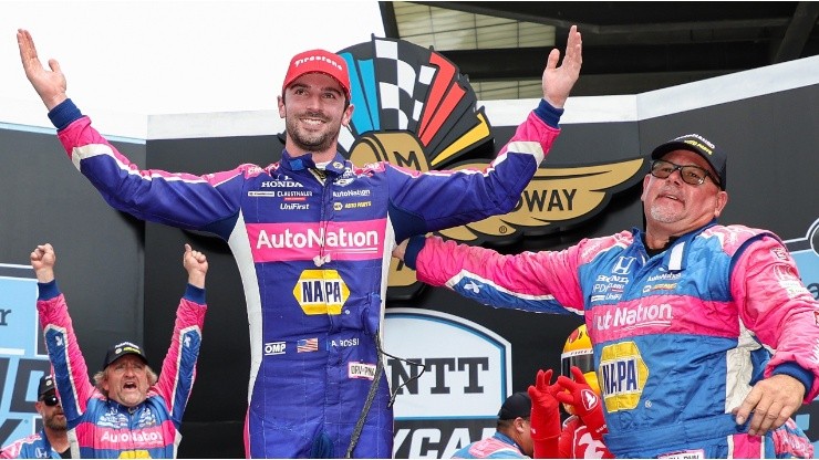 Alexander Rossi celebrates after winning the Gallagher Grand Prix
