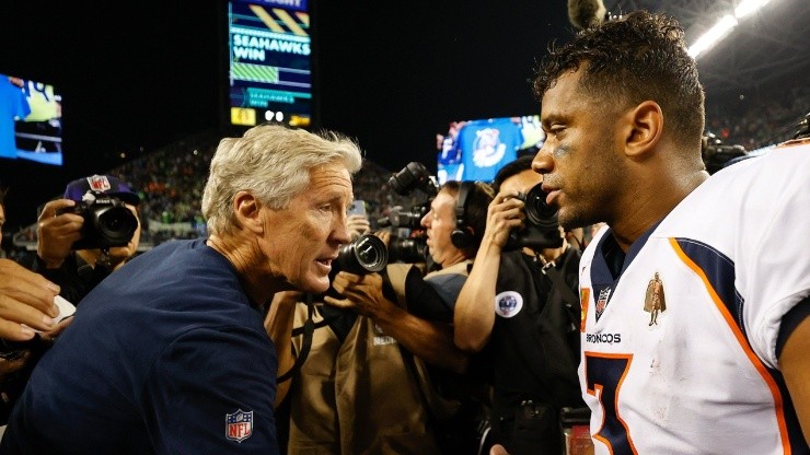 Seahawks head coach Pete Carroll (left) and Russell Wilson of the Broncos.