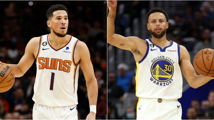 Devin Booker of the Phoenix Suns and Stephen Curry of the Golden State Warriors