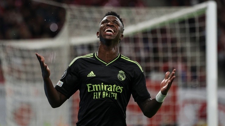 Vinicius Junior of Real reacts during the UEFA Champions League group F match between RB Leipzig and Real Madrid at Red Bull Arena on October 25, 2022 in Leipzig, Germany.