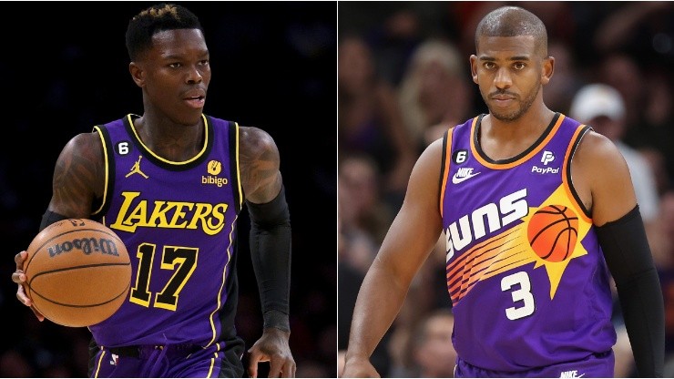 Dennis Schroder of the Los Angeles Lakers and Chris Paul of the Phoenix Suns