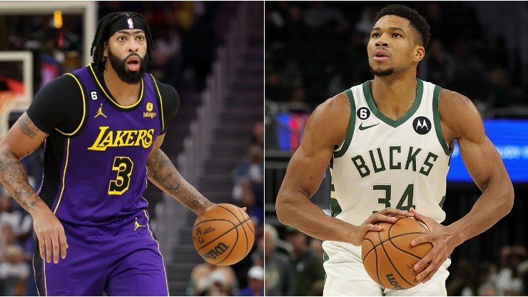 Anthony Davis of the Los Angeles Lakers and Giannis Antetokounmpo of the Milwaukee Bucks