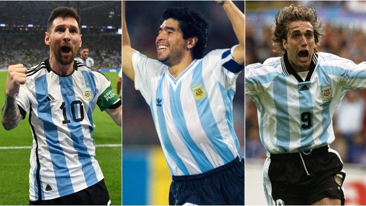 Lionel Messi (left), Diego Maradona (c), and Gabriel Batistuta.