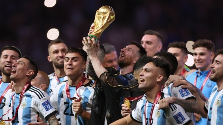 Lionel Messi of Argentina lifts the FIFA World Cup Winner's Trophy following the FIFA World Cup Qatar 2022 Final match between Argentina and France at Lusail Stadium on December 18, 2022 in Lusail City, Qatar.