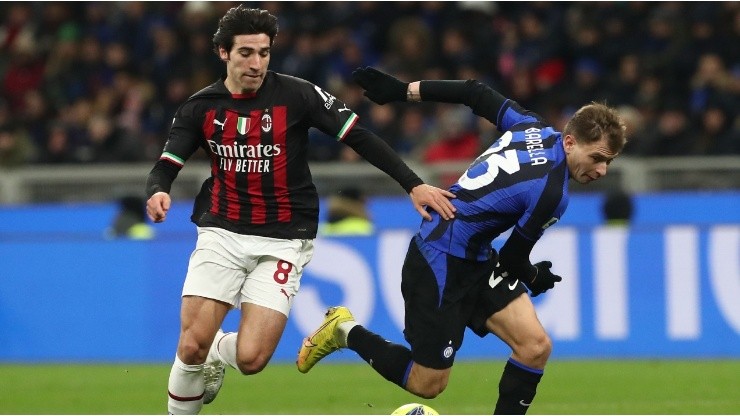 Sandro Tonali of AC Milan competes for the ball with Nicolo’ Barella of FC Internazionale