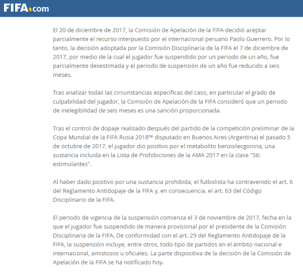 OFICIAL. El comunicado de la FIFA que se encuentra en su sitio oficial sobre la situación de Paolo Guerrero.
