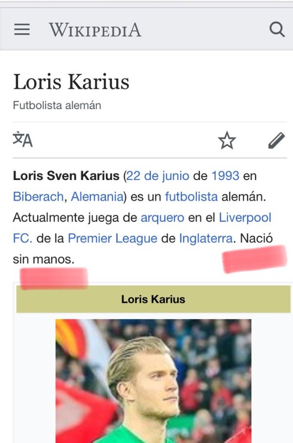 Según Wikipedia Karius Nació Sin Manos Bolavip