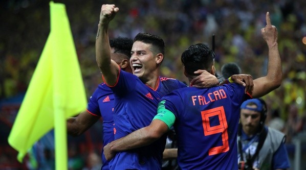 James Rodríguez y Radamel Falcao celebran un gol de Colombia en el Mundial de Rusia 2018 (Foto: Getty).