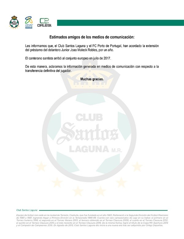 Comunicado oficial Santos Laguna