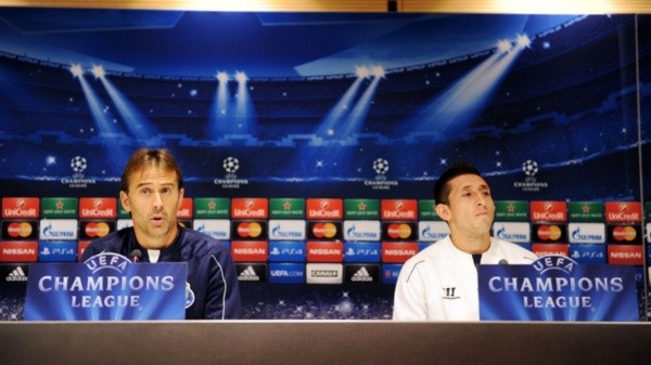 JUNTOS. Lopetegui y Herrera en una conferencia de prensa por la Champions League.