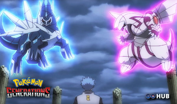 Dialga(izq) y Palkia(der) en la película Pokémon Generationsjunto al líder del Equipo Galaxia