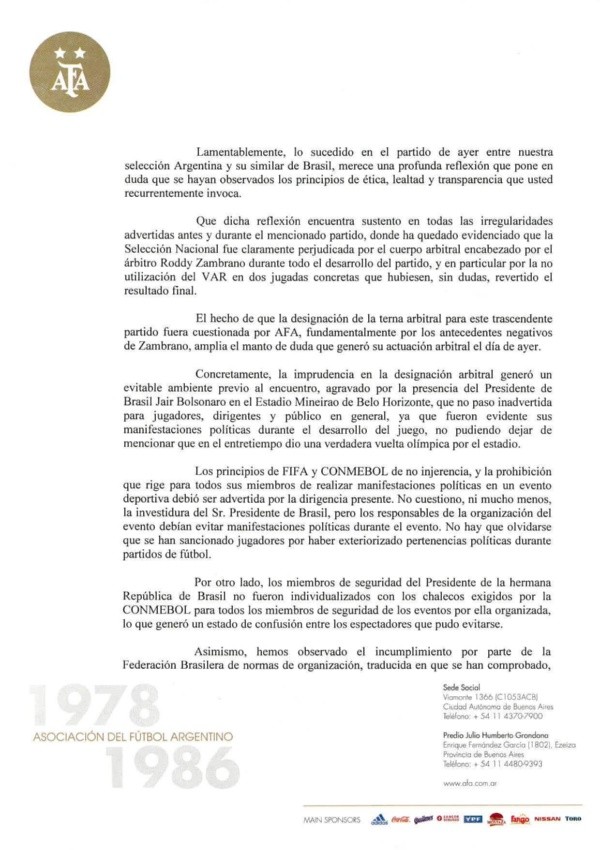 La carta que desató el conflicto AFA-CONMEBOL