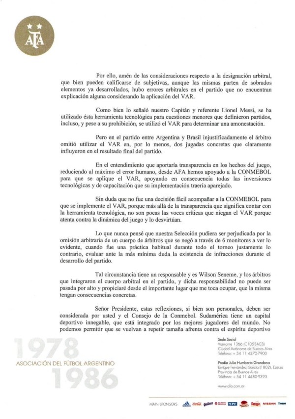 La carta que desató el conflicto AFA-CONMEBOL