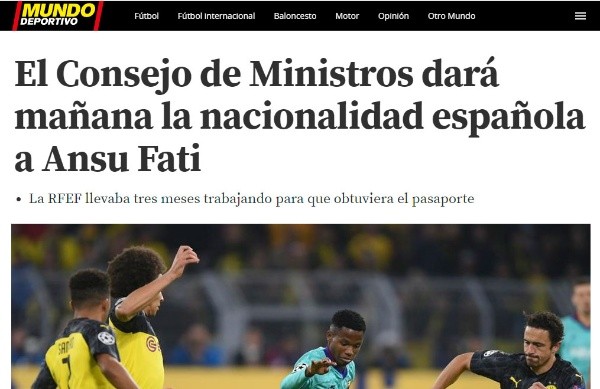 Mundo Deportivo confirma que mañana Ansu Fati ya tendrá la nacionalidad