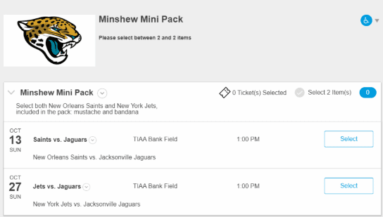 La oferta de los Jacksonville Jaguars en su sitio web.