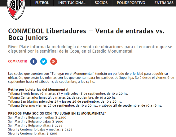 Precio de las entradas para los abonados en el partido de ida. Foto: Captura
   
    Los precios para la venta de remanente lanzada por River. Foto: Captura.