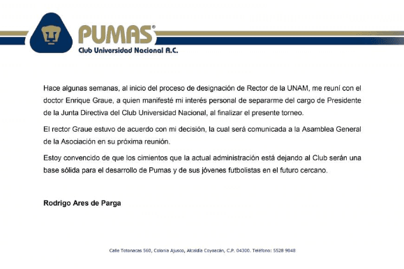 OFICIAL: Rodrigo Ares de Parga anunció su salida de Pumas UNAM