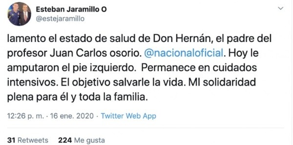 Publicación de Esteban Jaramillo sobre el padre de Juan Carlos Osorio.