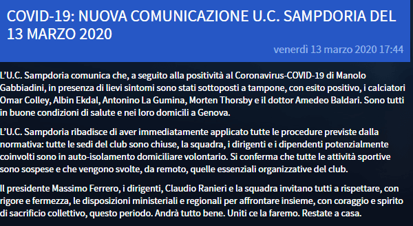 El comunicado de la Sampdoria