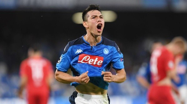 Hirving Lozano celebrates after scoring for Napoli.